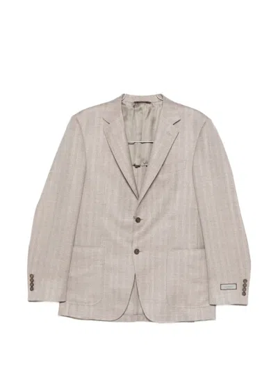 Canali Button Herringbone Blazer In Neutral