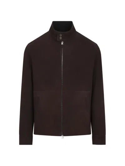 Canali Stand-up Collar Leather Jacket In Black