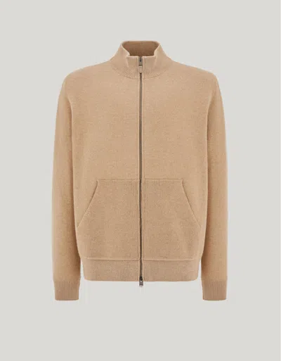 Canali Camel Wool, Cotton And Cashmere Full-zippered Straight-cut Sweatshirt In Multi