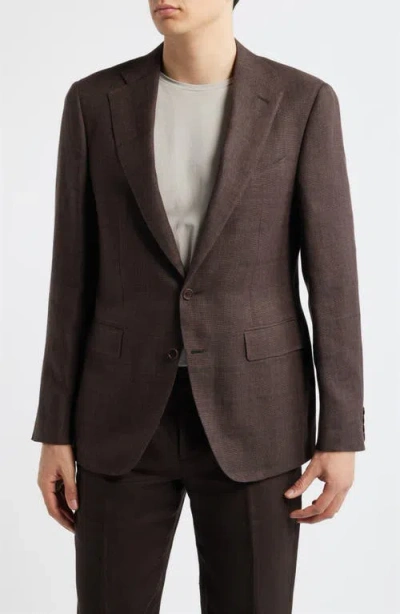 Canali Capri Trim Fit Brown Check Jacquard Linen & Wool Sport Coat