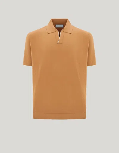 Canali Caramel Cotton And Silk Polo Shirt With Contrasting Piping In Orange