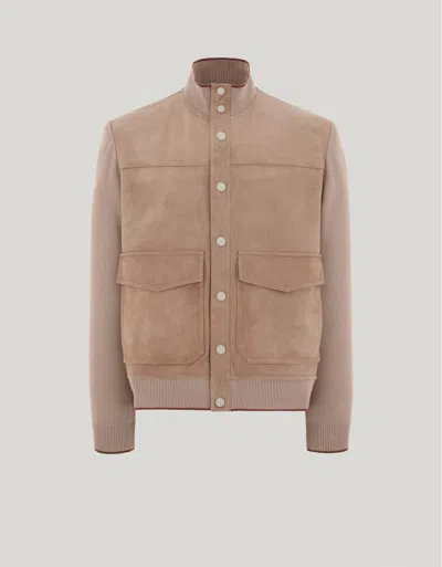 Canali Caramel Mixed-material Ultralight Suede Bomber Jacket With Knit Inserts In Brown