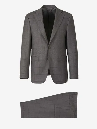 Canali Check Motif Suit In Stone Grey