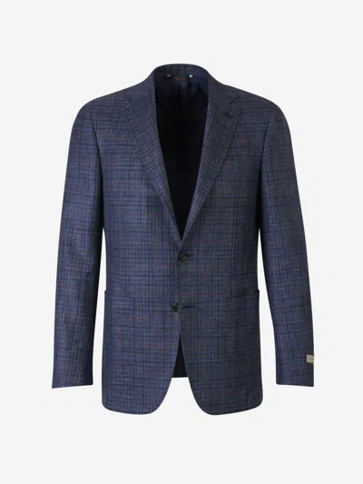 Canali Checked Motif Blazer In Midnight Blue