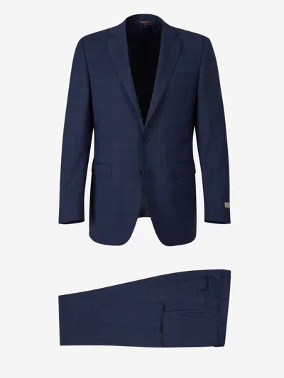 Canali Checked Wool Suit In Navy Blue