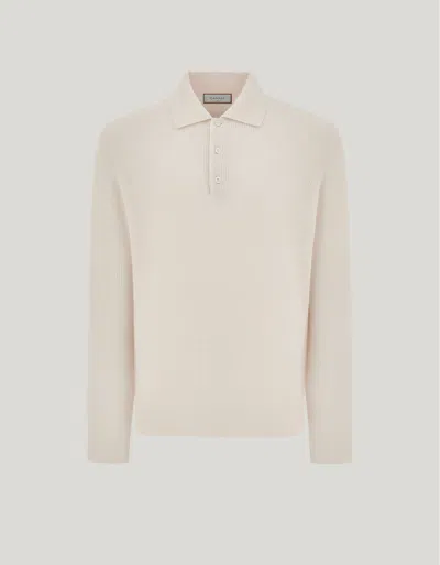 Canali Cream Wool And Cashmere Polo Shirt With Lambskin Details In Neutral