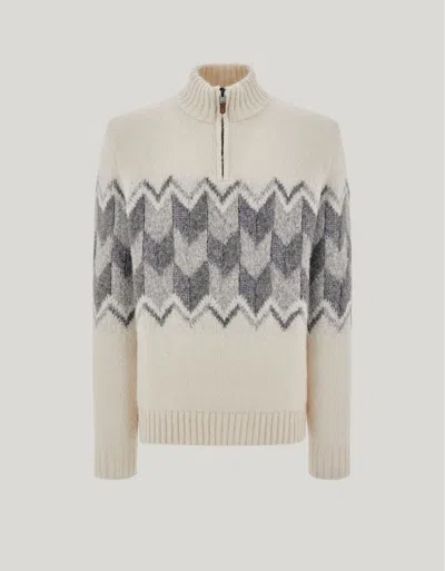 Canali Cream Zippered Mock Neck Sweater With Gray Tones In An Alpaca Blend In Neutral