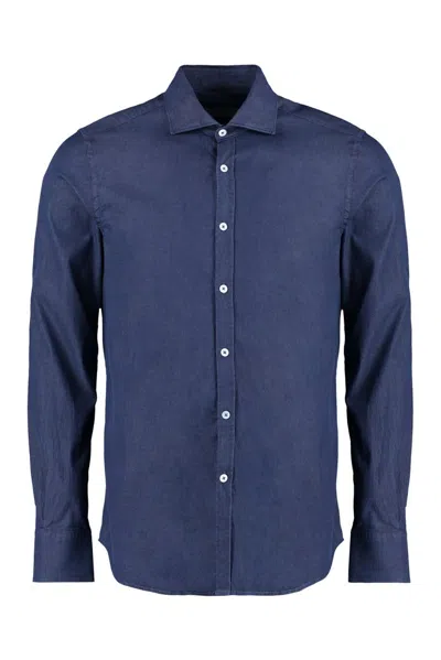 Canali Curved Hem Buttoned Denim Shirt In Blue