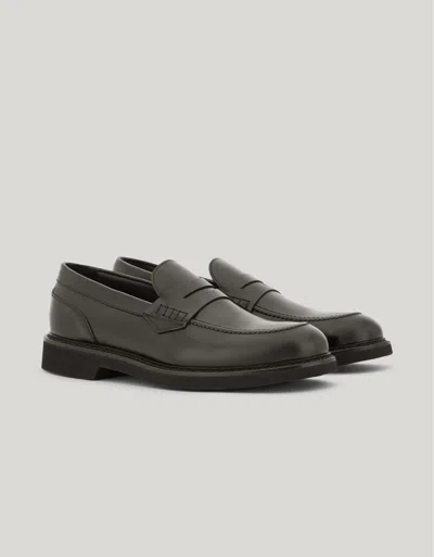 Canali Dark Brown Calfskin Penny Loafers With Eva Sole In Gray