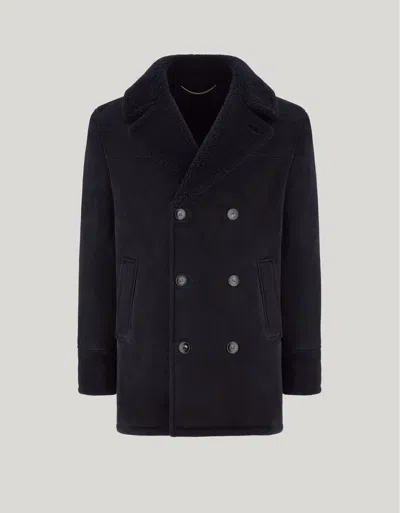 Canali Double-breasted Blue Shearling Car Coat