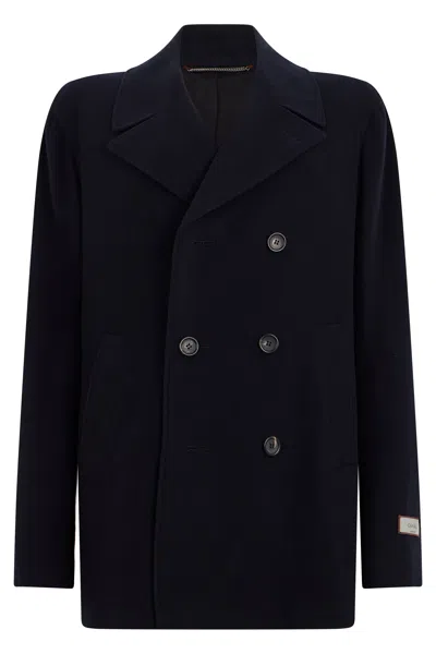 Canali Double-breasted Wool Jacket With Lapel Collar In Blue