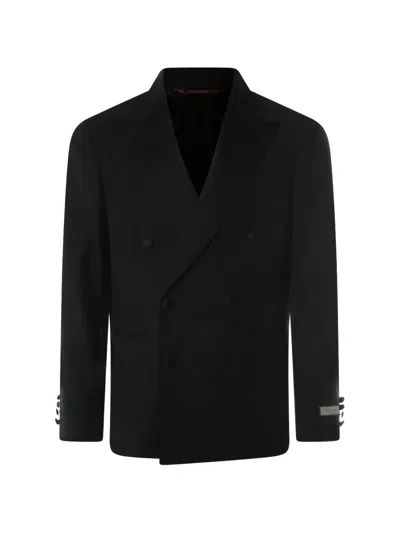 Canali Double-breasted Wool Suit Jacket In Black