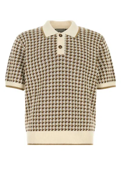 Canali Beige Short-sleeved Linen And Silk Jacquard Polo Shirt With Houndstooth Pattern In Multi