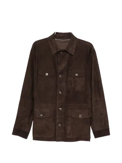 Canali Flap-pocket Suede Jacket In Brown