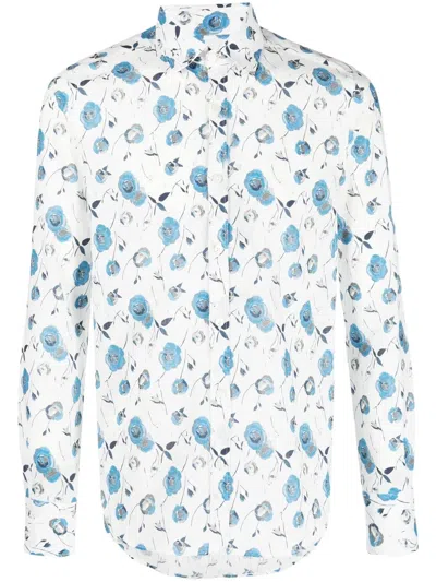 Canali Floral Print Linen Blend Button Down Shirt In White