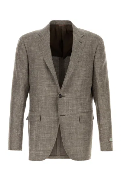 Canali Melange Grey Wool Blend Blazer In Brown