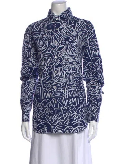 Pre-owned Canali Graphic Print Long Sleeve Button-up Top In Blue