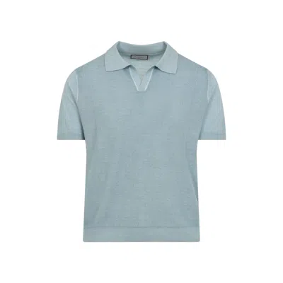 Canali Nuvola Brianza Green Garment-dyed Wool And Silk Polo Shirt In Blue