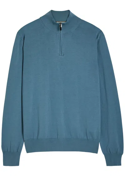 Canali Half-zip Cotton Sweater In Blue