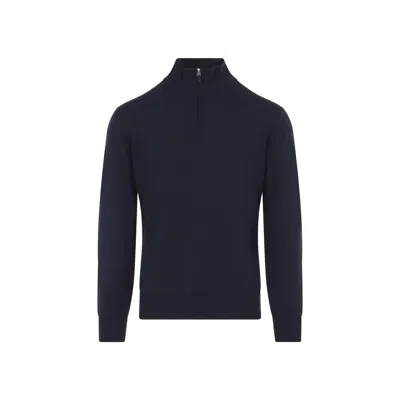 Canali Half Zip High Neck Pure Wool Sweater In Blue