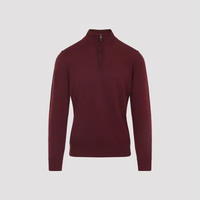 Canali Half Zip High Neck Sweater In Burgundy