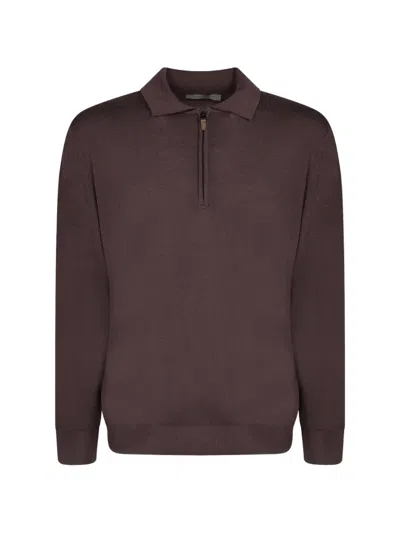 Canali Half-zip Polo-collar Sweater In Brown