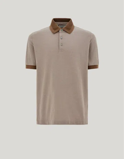 Canali Hazelnut And Sand Pure Cotton Polo Shirt With Sail Collar In Neutral