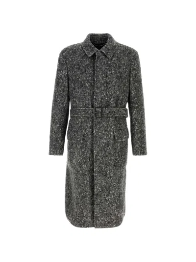 Canali Herringbone Belted Coat In Gray