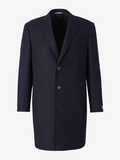 Canali Herringbone Wool Coat In Midnight Blue