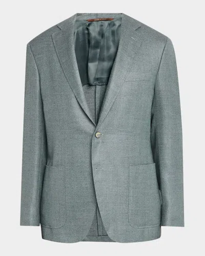 Canali Herringbone Wool-blend Single-breasted Blazer In Green