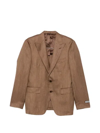 Canali Herringbone-pattern Notch-lapels Blazer In Brown