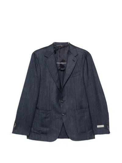 Canali Herringbone-weave Notched-lapel Blazer In Blue