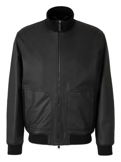 Canali Black Lambskin Bomber Jacket With High Neck