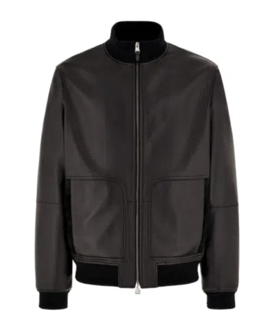 Canali Black Lambskin Bomber Jacket With High Neck