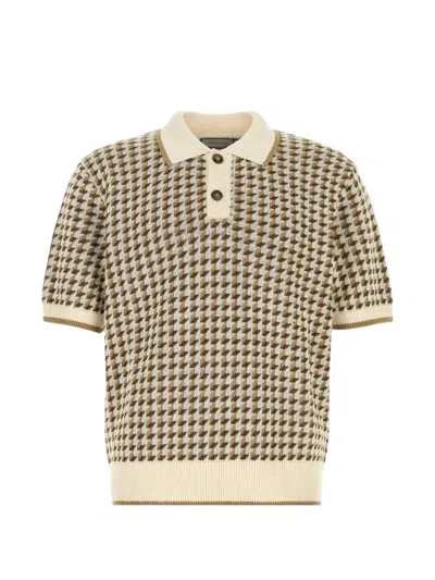 Canali Beige Short-sleeved Linen And Silk Jacquard Polo Shirt With Houndstooth Pattern In Multi