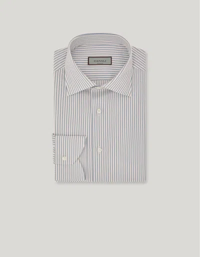 Canali Impeccabile White Cotton Regular-fit Shirt With Green Stripes In Blue