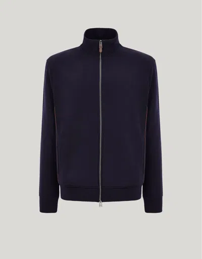 Canali Impeccabile Wool Blue Zippered Sweatshirt With Contrasting Piping Detail