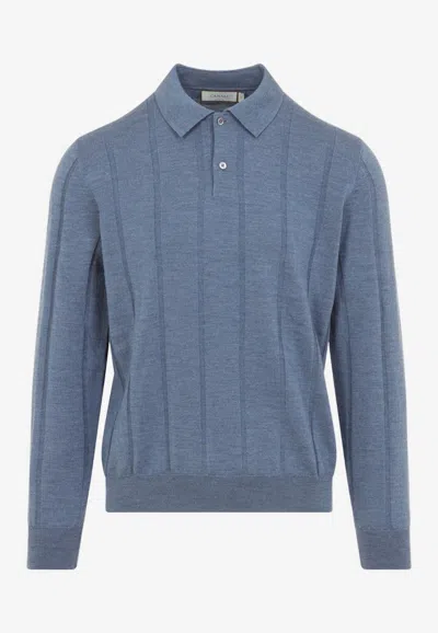Canali Knitted Wool Polo Sweater In Blue