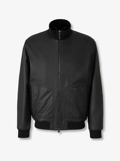 Canali Leather Bomber Jacket In Black