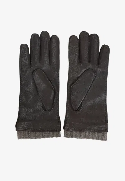 Canali Leather Gloves With Knitted Cuffs In Black