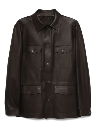 Canali Leather Overshirt In Brown