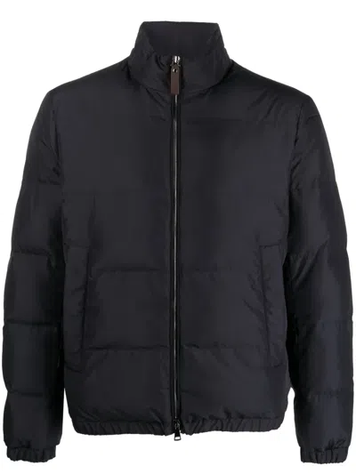 Canali Leather-trimmed Padded Quilted Shell Jacket In Blue