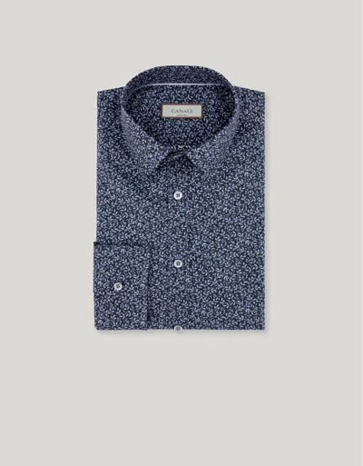 Canali Light Blue And Blue Casual Printed Cotton And Lyocell Shirt