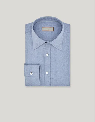 Canali Light Blue Mélange Casual Cotton Lyocell Shirt With Pointed Collar
