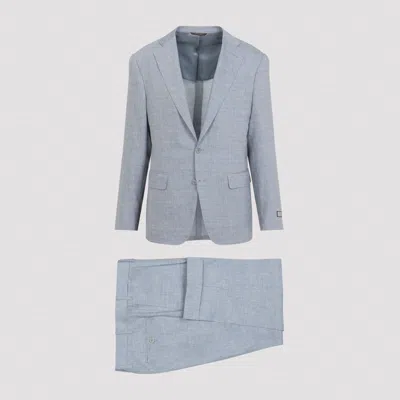 Canali Button-fastening Linen Suit In Blue