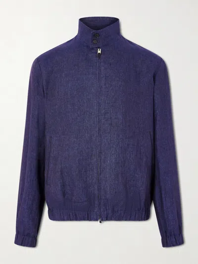 Canali Linen Bomber Jacket In Blue