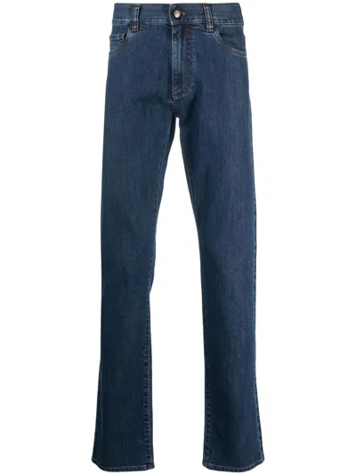 Canali Logo-patch Straight-leg Trousers In Blau