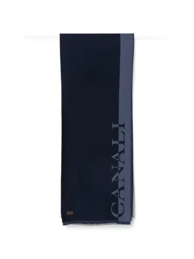 Canali Logo-print Frayed Scarf In Blue