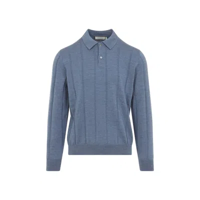 Canali Long Sleeve Knit Polo Sweater In Blue