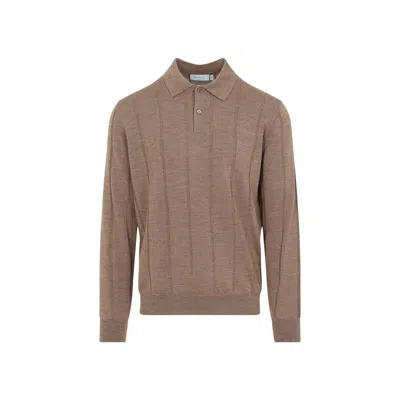 Canali Long Sleeve Knit Polo Sweater In Brown